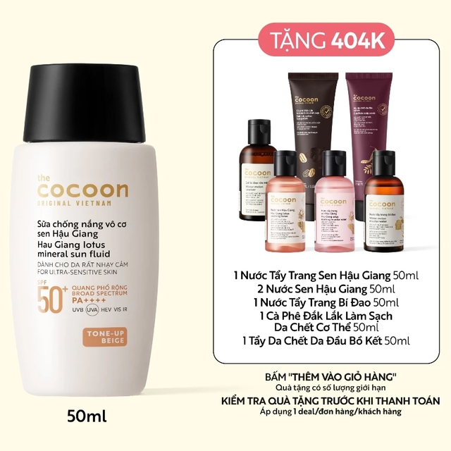Cocoon Vietnam - Hau Giang Lotus Mineral Sun Fluid (Sữa Chống Nắng Vô Cơ Sen Hậu Giang) SPF 50+ PA++++ Tone-Up Beige 50ml.