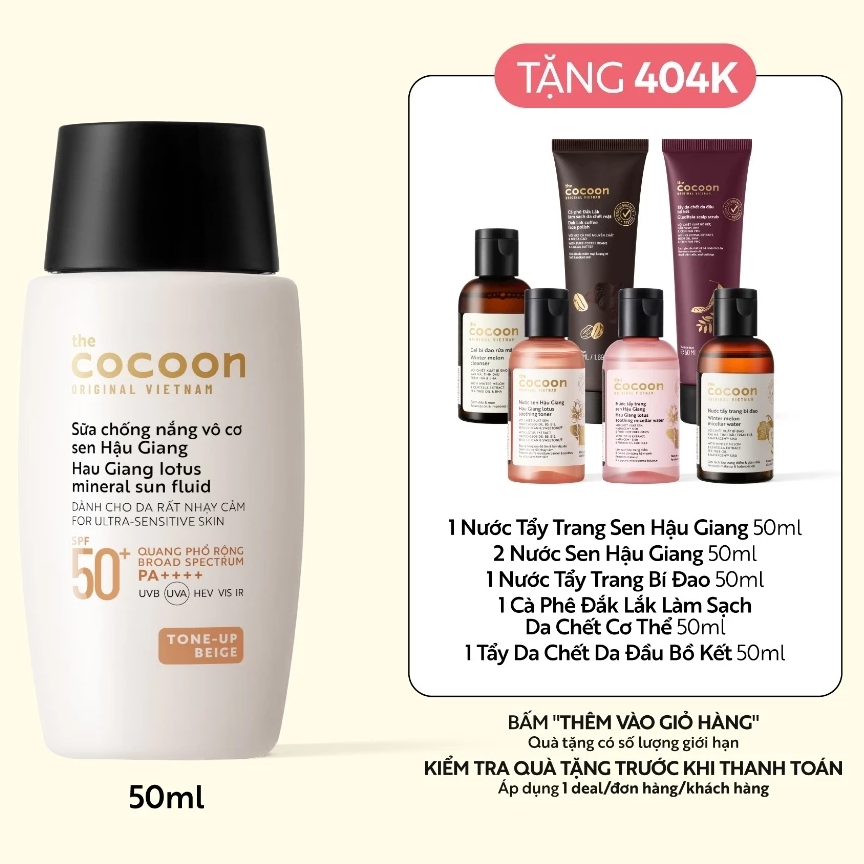 Cocoon Vietnam - Hau Giang Lotus Mineral Sun Fluid (Sữa Chống Nắng Vô Cơ Sen Hậu Giang) SPF 50+ PA++++ Tone-Up Beige 50ml.