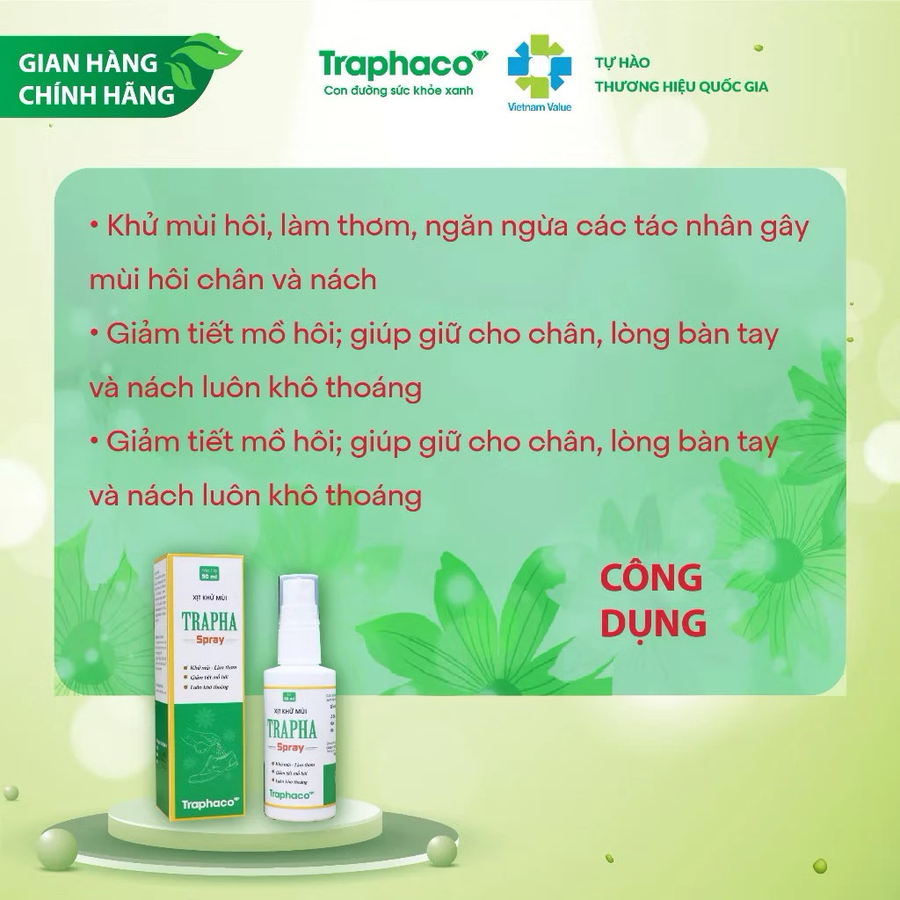 Traphaco - Trapha Spray - Antiperspirant and Deodorant Spray for Feet Xịt Khử Mùi Giảm Mồ Hôi & Khử Mùi Chân 50ml.