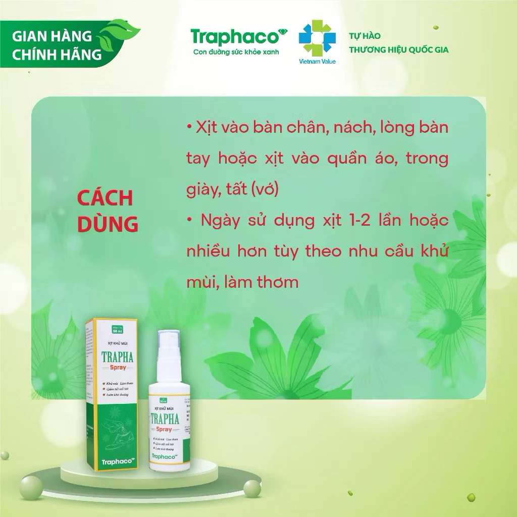 Traphaco - Trapha Spray - Antiperspirant and Deodorant Spray for Feet Xịt Khử Mùi Giảm Mồ Hôi & Khử Mùi Chân 50ml.