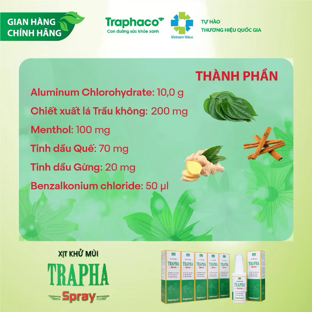 Traphaco - Trapha Spray - Antiperspirant and Deodorant Spray for Feet Xịt Khử Mùi Giảm Mồ Hôi & Khử Mùi Chân 50ml.