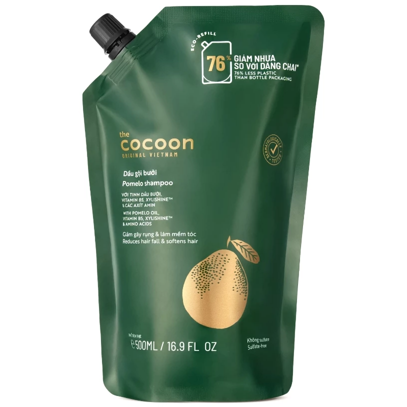 Cocoon Vietnam - Pomelo Shampoo (Dầu Gội Bưởi) with Pomelo Oil, Vitamin B5, Xylishine™ & Amino Acids, Sulfate-Free Refill 500ml.